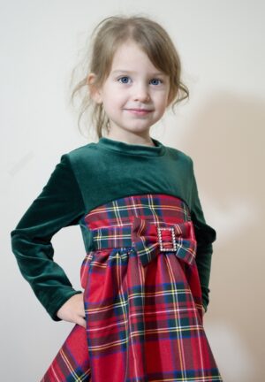 Vestitino Tartan con Fiocco Centrale e Parte Alta in Velluto